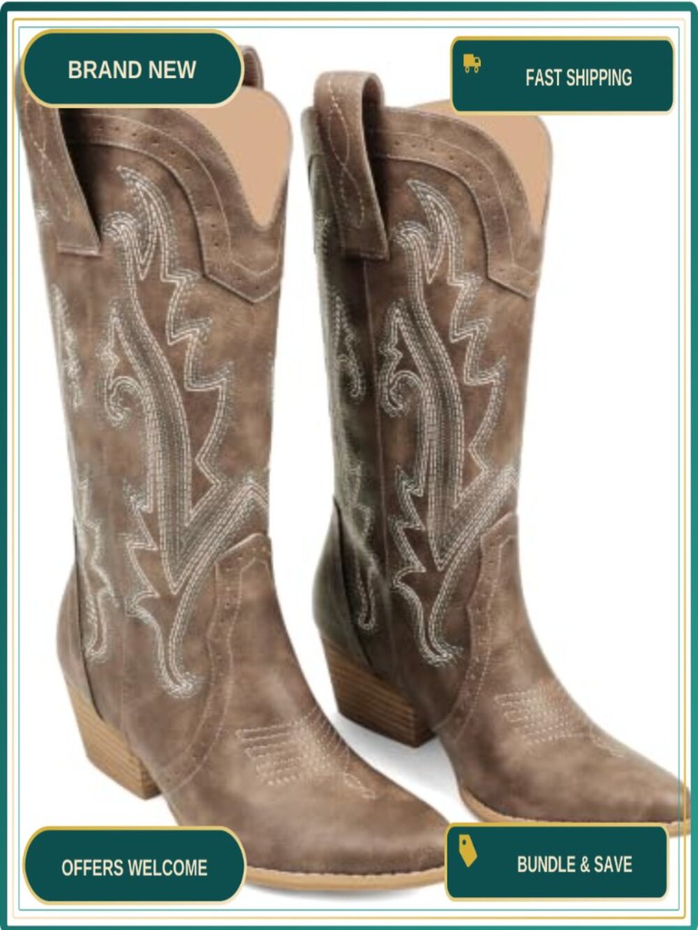 Faux Leather Mid Calf Cowboy Boots Pointed Toe Pull On Western